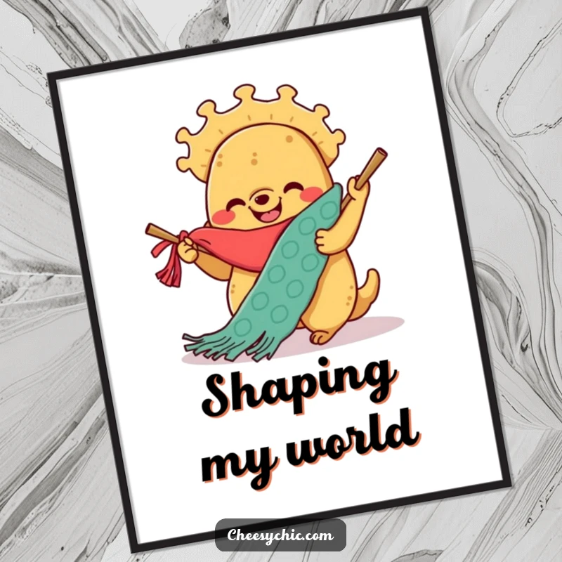 Funny digital art of a smiling anthropomorphic taco enthusiastically knitting a giant scarf, bursting with color and charm.