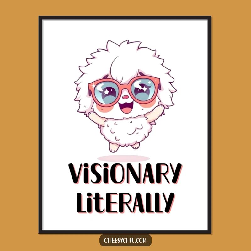 Funny Fluffy Character Digital Art Print: Sparkly Glasses Hop, Joyful Decor