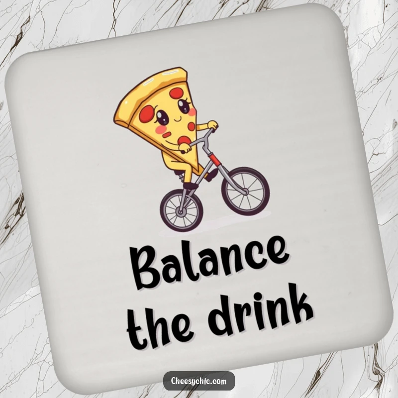 Funny coaster featuring an adorable anthropomorphic pizza slice attempting to ride a unicycle, a whimsical addition to any table.