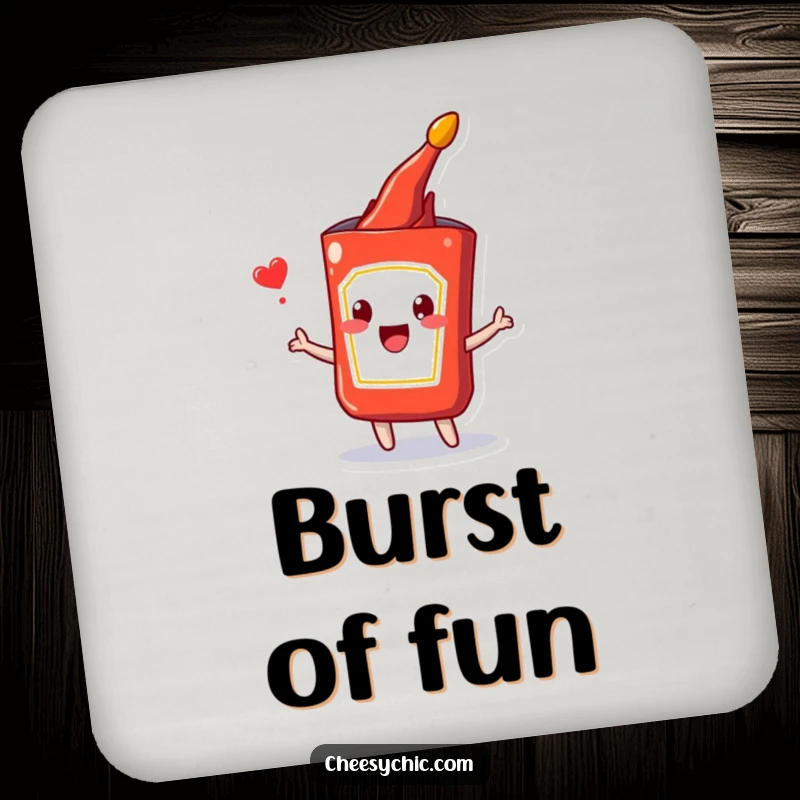 Funny drink coaster featuring a happy anthropomorphic ketchup packet joyfully bursting, protecting surfaces with condiment-themed humor.