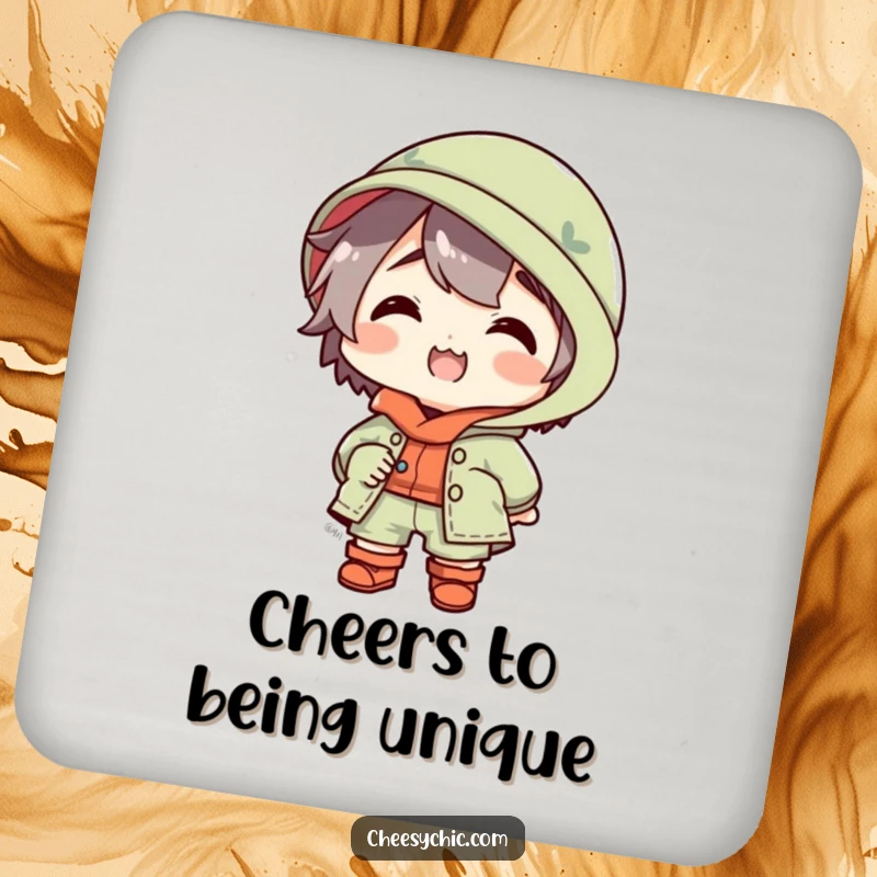 Funny drink coaster featuring a small stylized character in a spectacularly mismatched outfit, looking delighted, adding quirky charm to your table.