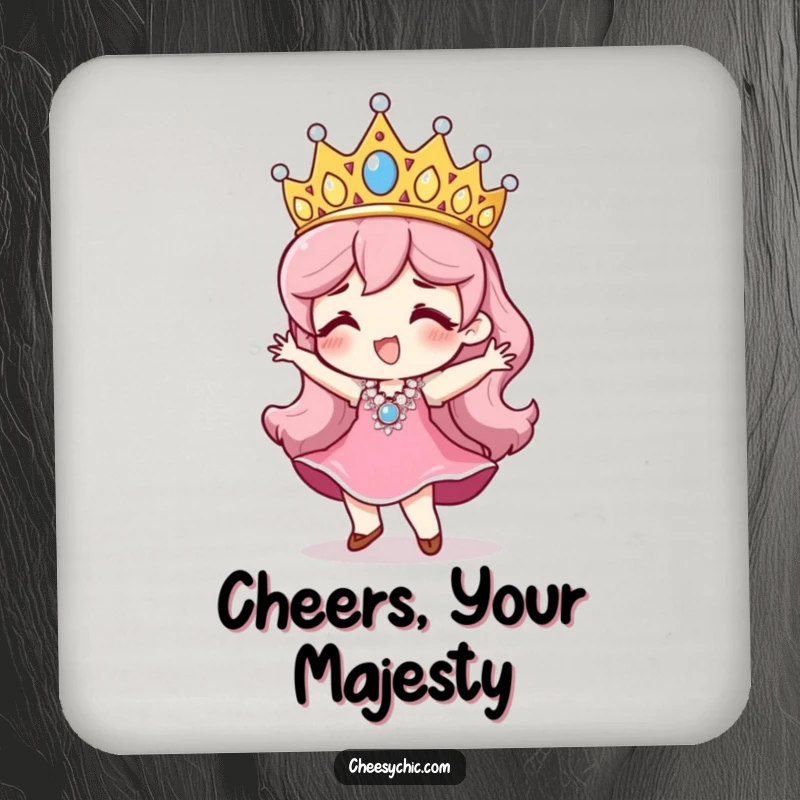 Funny drink coaster featuring a character with a large, sequined tiara, captured in a joyful dancing pose.