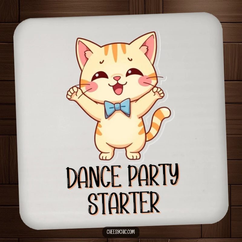 Funny coaster featuring a cute cat character wearing a tiny bow tie, performing a silly and energetic dance.