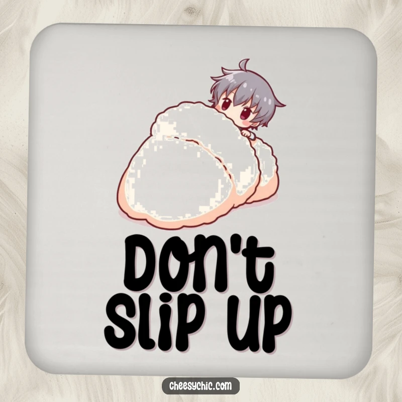 Funny stylized character playfully tripping over a giant fluffy slipper, a humorous drink coaster.