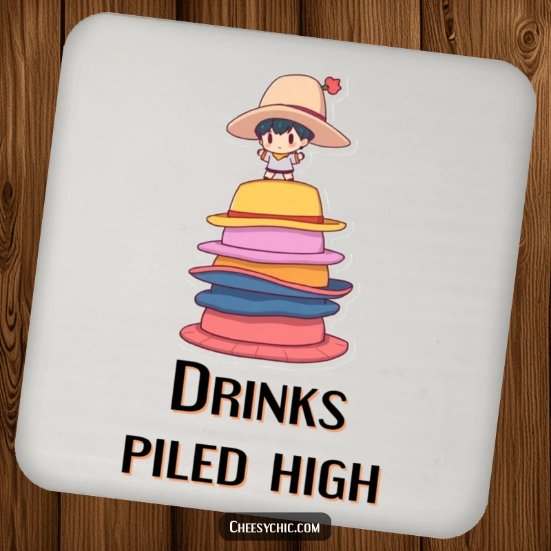 Funny Coasters featuring a small stylized character balancing on a towering stack of colorful, oversized hats.