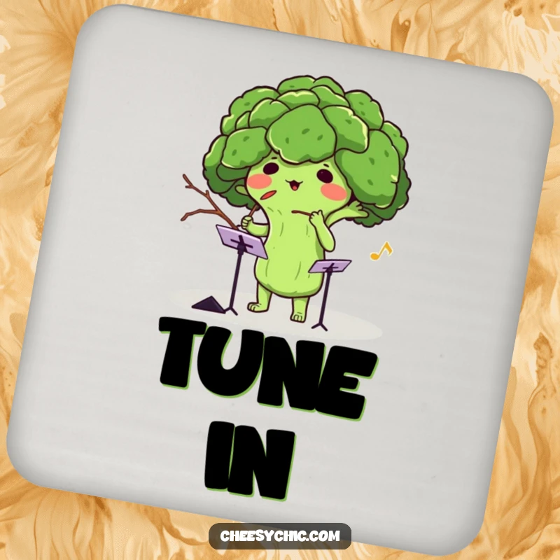 Funny drink coaster featuring an adorable anthropomorphic broccoli conducting an invisible orchestra with a twig, adding a whimsical touch.