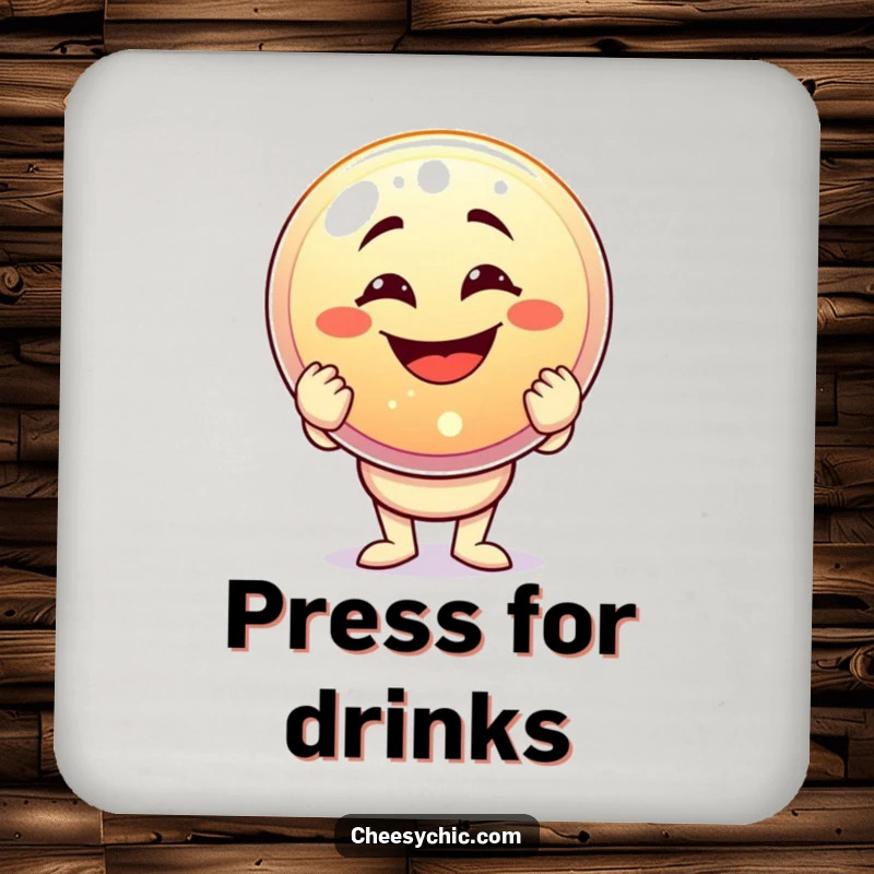 Funny drink coaster with a character holding a giant sparkling button, perfect for adding humorous celebration to beverages.