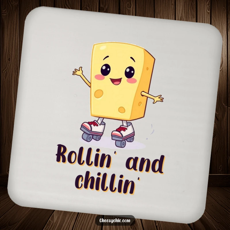 Funny drink coaster with a smiling cheese slice attempting to wear roller skates, protecting surfaces.