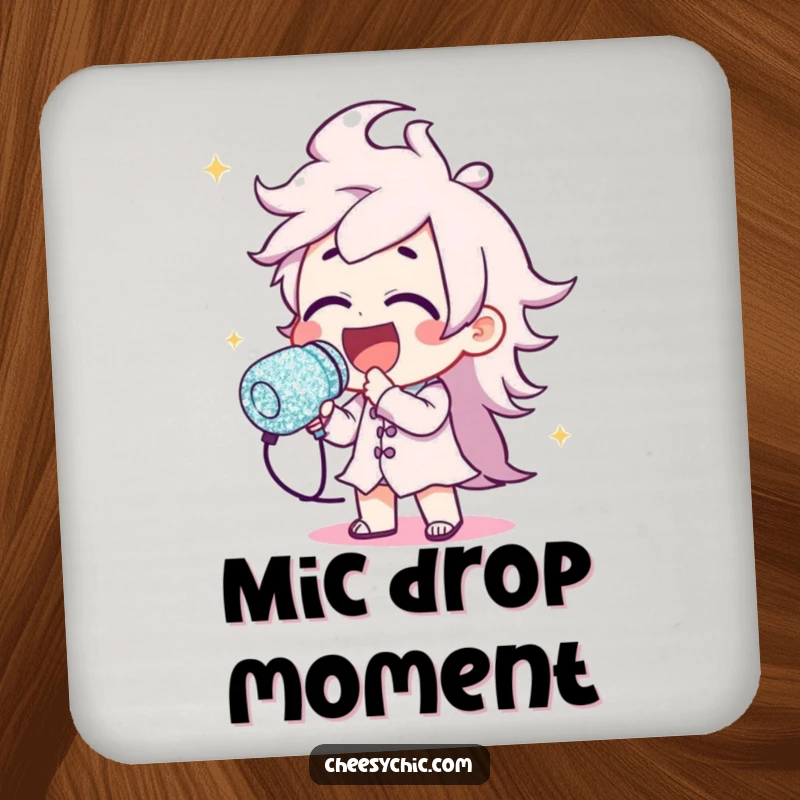 Funny drink coaster showcasing a character mid-song with a dazzling, oversized glitter microphone, protecting surfaces with flair.