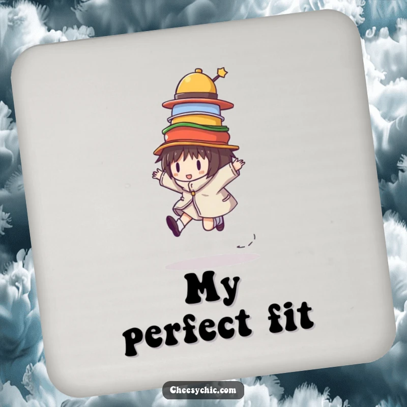 Funny drink coaster with a character skipping and balancing hats, perfect for adding humorous flair to drinks.