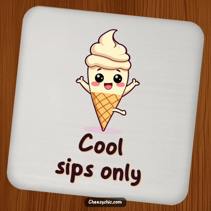 Funny drink coaster featuring a cheerful ice cream cone doing a cartwheel with its stick up, protecting surfaces with sugary fun.