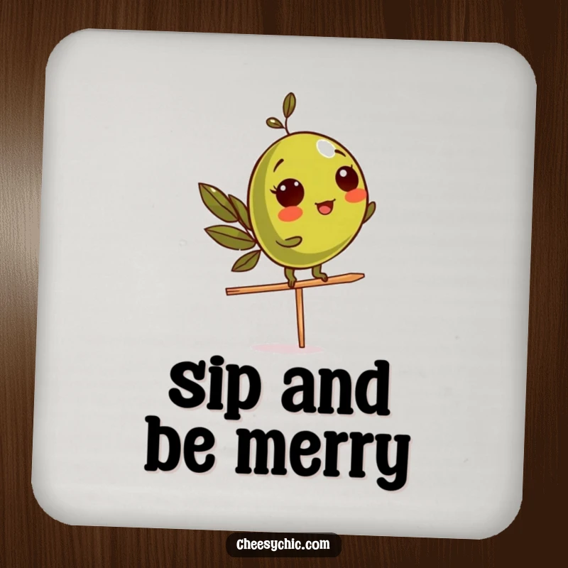 Funny Drink Coaster showcasing an olive character attempting to balance on a toothpick, a witty table accessory.