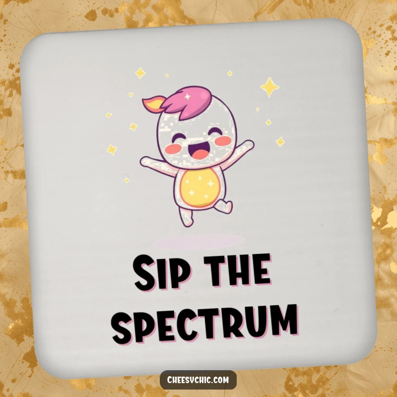 Funny drink coaster featuring a sparkly rainbow character bouncing with infectious joy, protecting surfaces with vibrant cheerfulness.