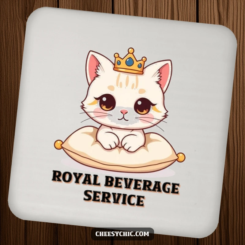 Funny coaster featuring a cute cat character wearing a tiny crown, looking regal and dignified on a cushion.