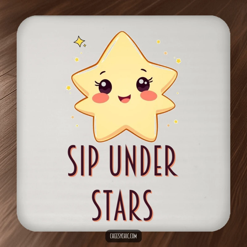 Funny drink coaster featuring a smiling star character joyfully tossing a sprinkle of glitter, protecting surfaces with playful elegance.