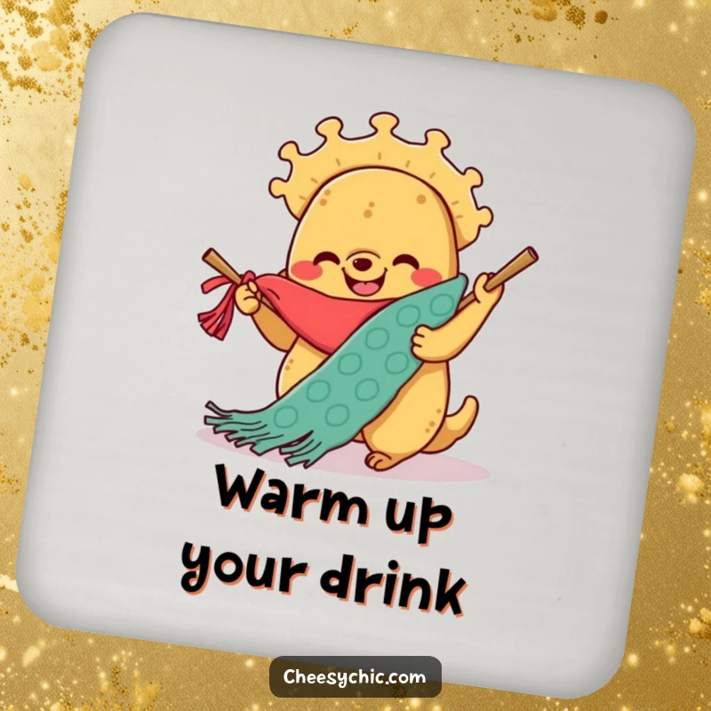 Funny drink coaster featuring a smiling anthropomorphic taco enthusiastically knitting a scarf, adding a touch of whimsy.
