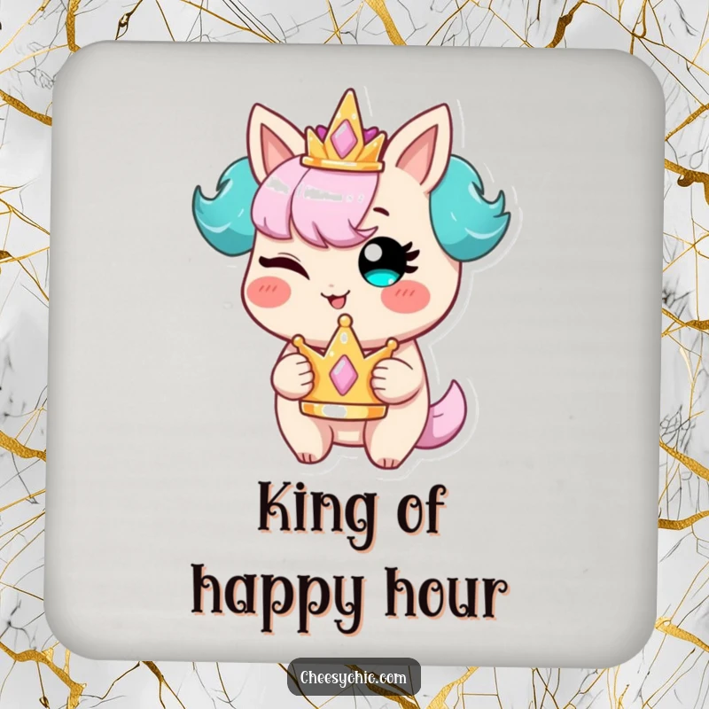 Funny drink coaster with a stylized character winking playfully, a tiny crown perched on its head, protecting furniture with charm.
