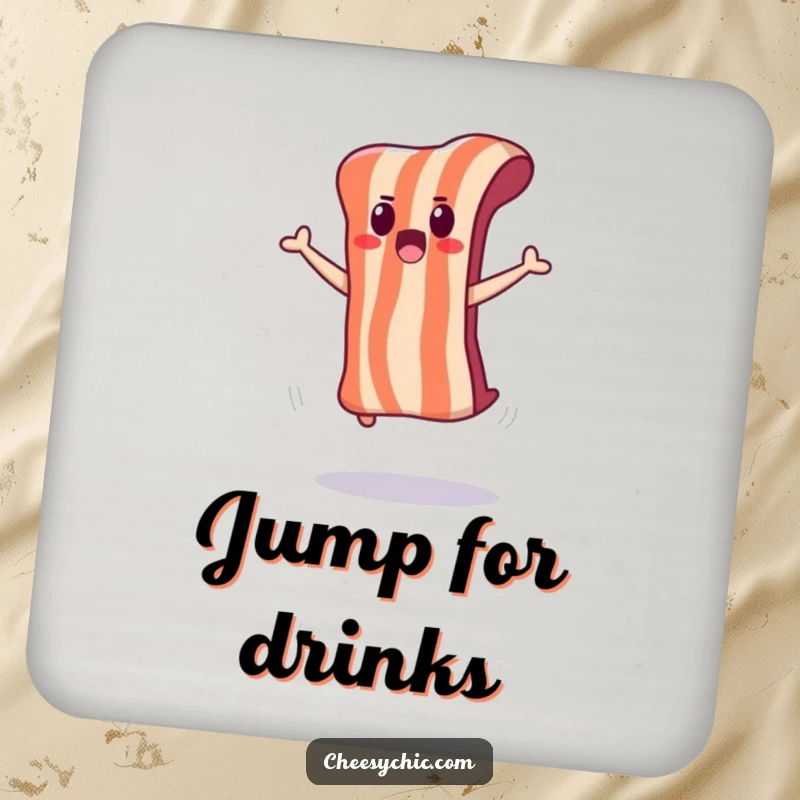 Funny drink coaster featuring a surprised bacon strip jumping, protecting surfaces.