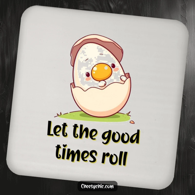 Funny drink coaster featuring a charming anthropomorphic egg rolling downhill in its shell, protecting surfaces with whimsical humor.