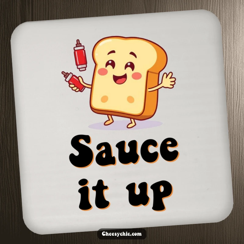 Funny drink coaster featuring a happy bread slice juggling ketchup bottles, protecting surfaces.