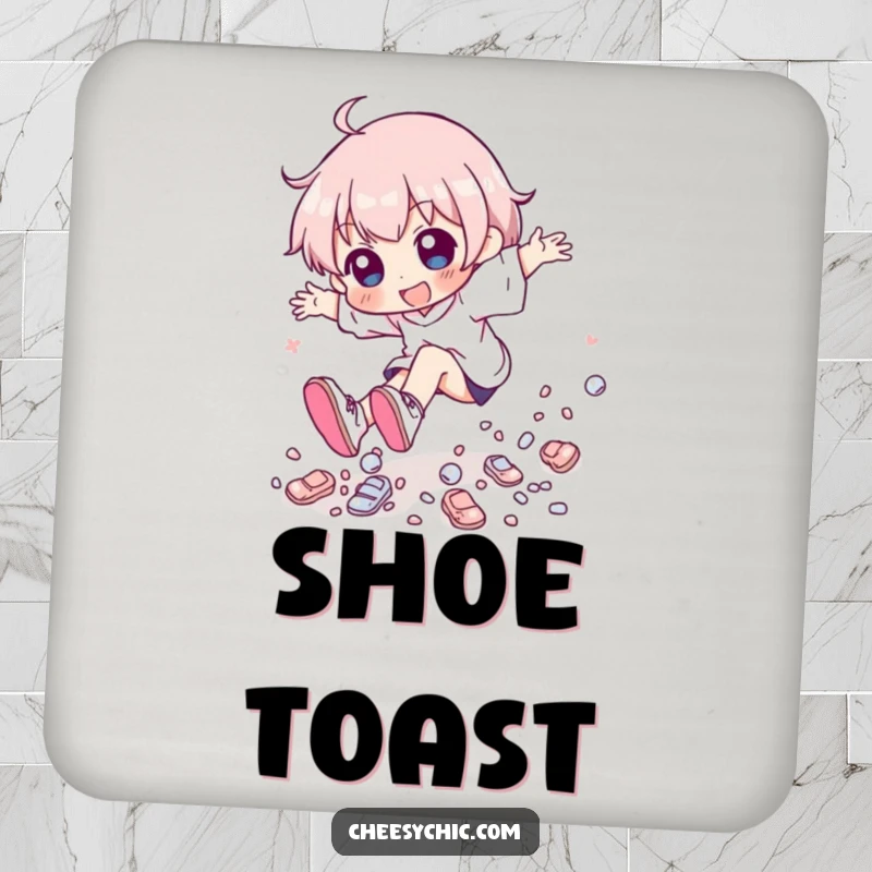 Funny character playfully tripping, with a cascade of tiny, shiny shoes, depicted on a protective drink coaster.