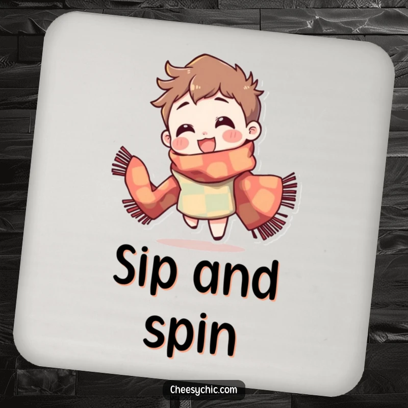 Funny Coaster: Character wearing a brightly patterned scarf, spinning with delight, humorous and protective.
