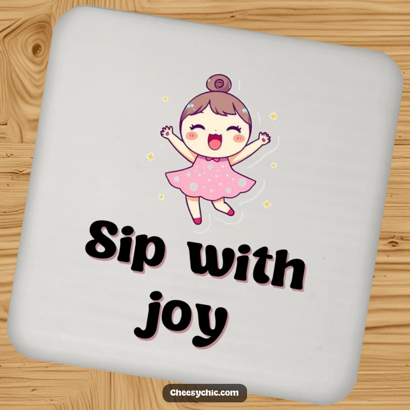 Funny drink coaster featuring a small, round character in a sparkly dress, joyfully bouncing, adding a touch of happy decor.