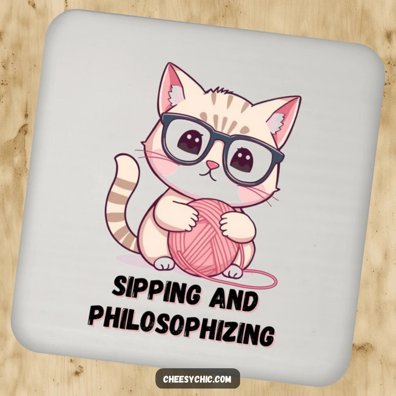 Funny coasters featuring a cute cat wearing reading glasses, thoughtfully looking at a yarn ball, protecting surfaces with humor.