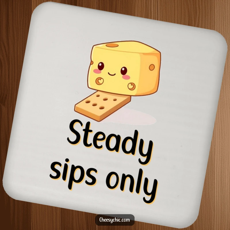 Funny drink coaster featuring a wobbly block of cheese precariously balancing on a tiny cracker, protecting tables with humor.
