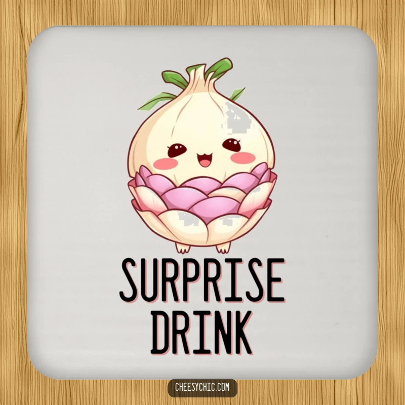 Funny drink coaster featuring a cute anthropomorphic onion with its layers peeling back in surprise, protecting surfaces with humor.