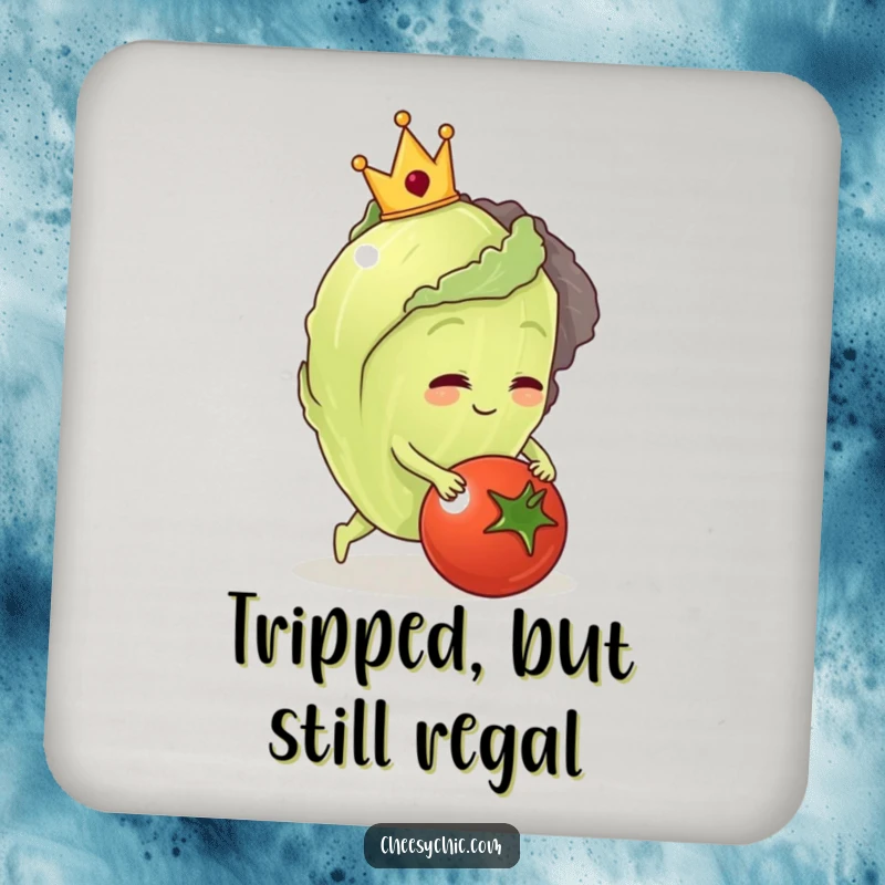 Funny drink coaster featuring a crowned lettuce tripping over a tomato, protecting surfaces with humor.