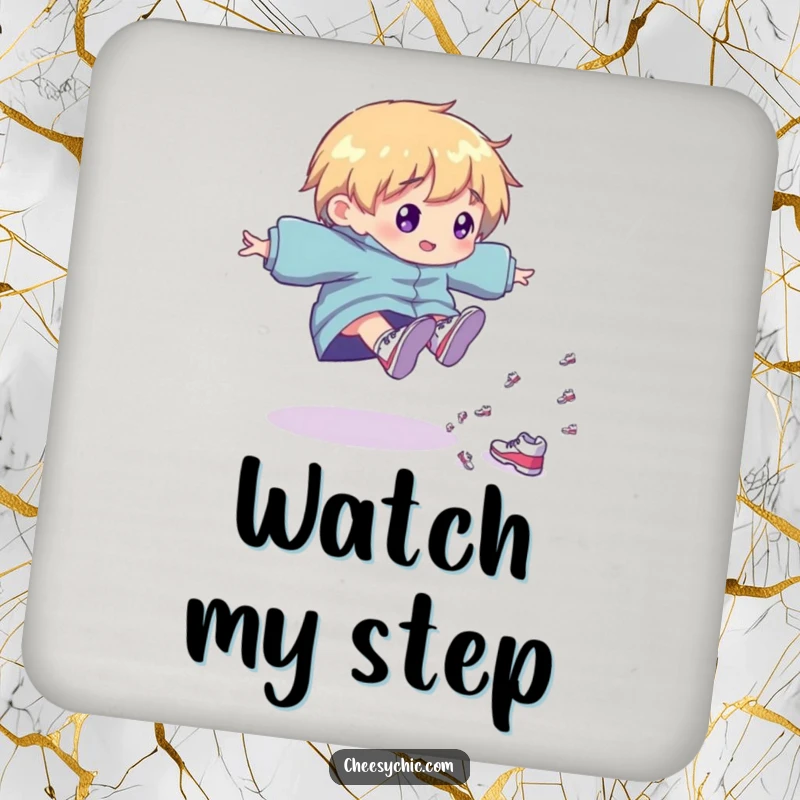 Funny Coaster: Character tripping playfully, with a cascade of tiny, shiny shoes, a humorous and protective surface.