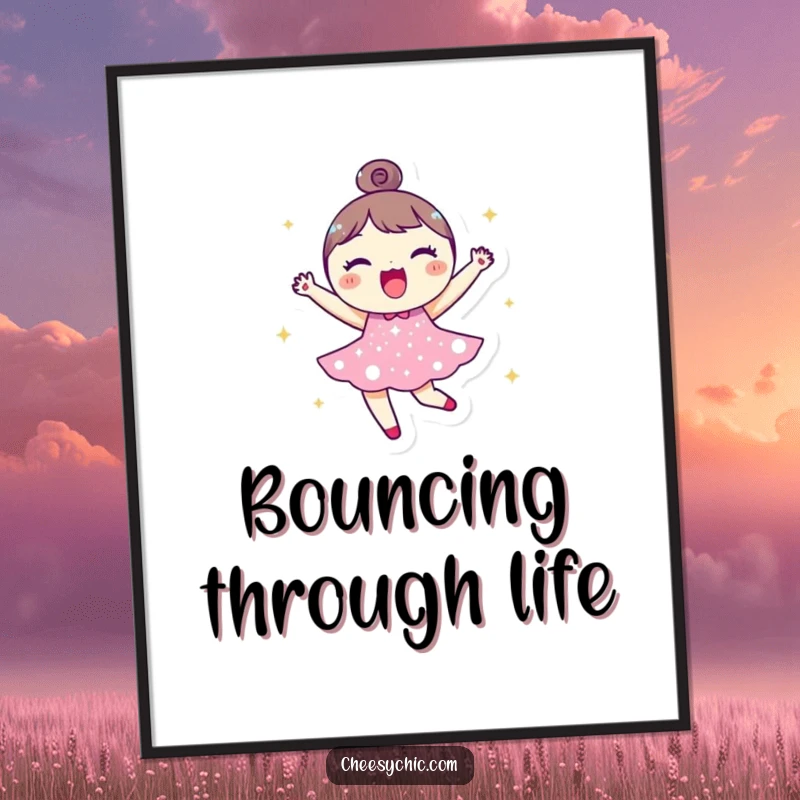 Funny poster of a small, round character in a sparkly dress, joyfully bouncing with an infectious smile and vibrant, celebratory aura.