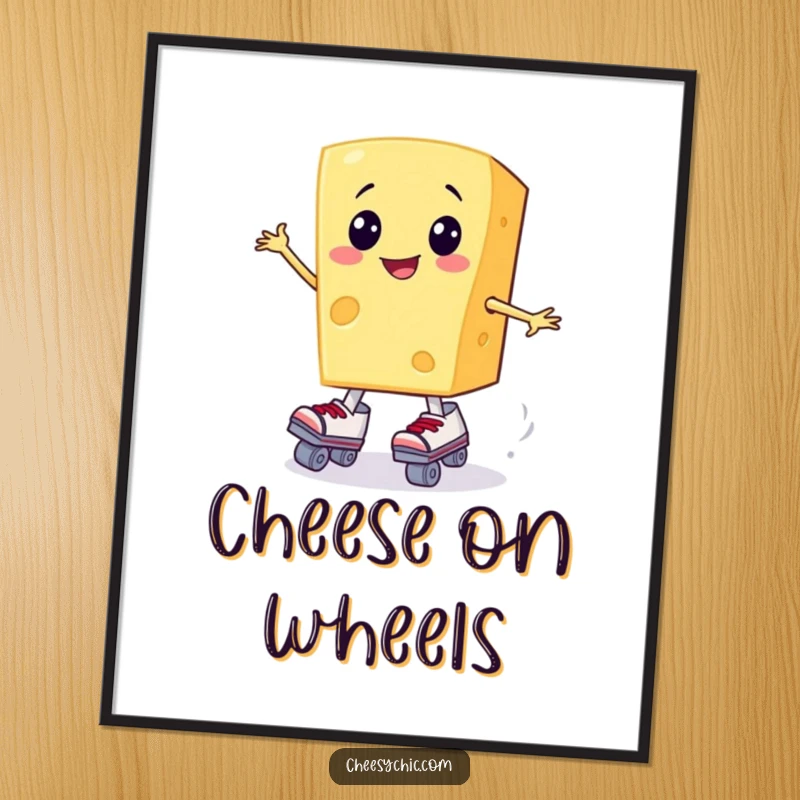 Funny poster illustrating a cheerful anthropomorphic cheese slice struggling to put on roller skates.