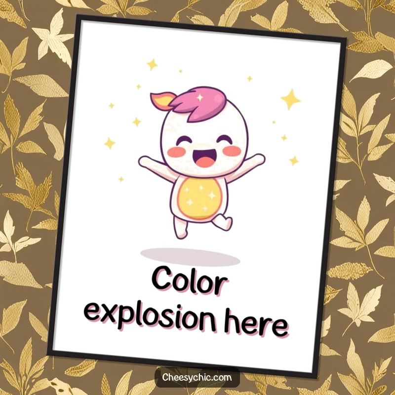 Funny poster of a sparkly rainbow character bouncing with infectious joy, radiating vibrant happiness and cheerful energy.