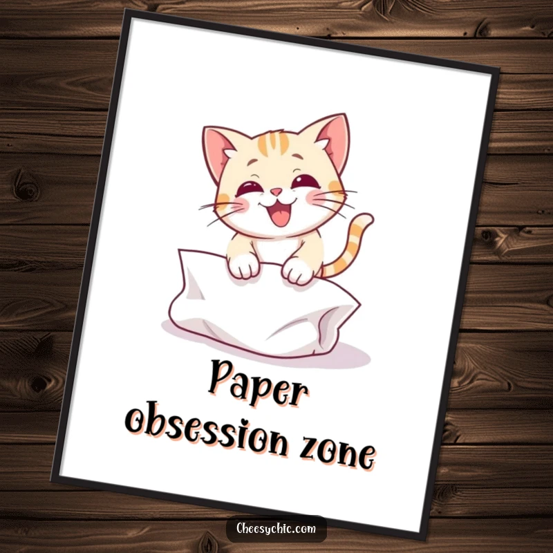 Funny poster displaying a cute cat character caught in a dynamic, joyful leap as it pounces on a crumpled paper.
