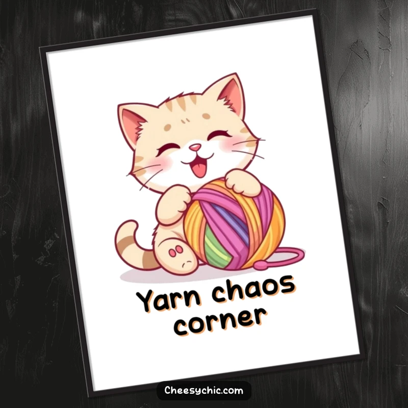Funny poster displaying a cute cat character with eyes focused, happily batting at a large, colorful ball of yarn.