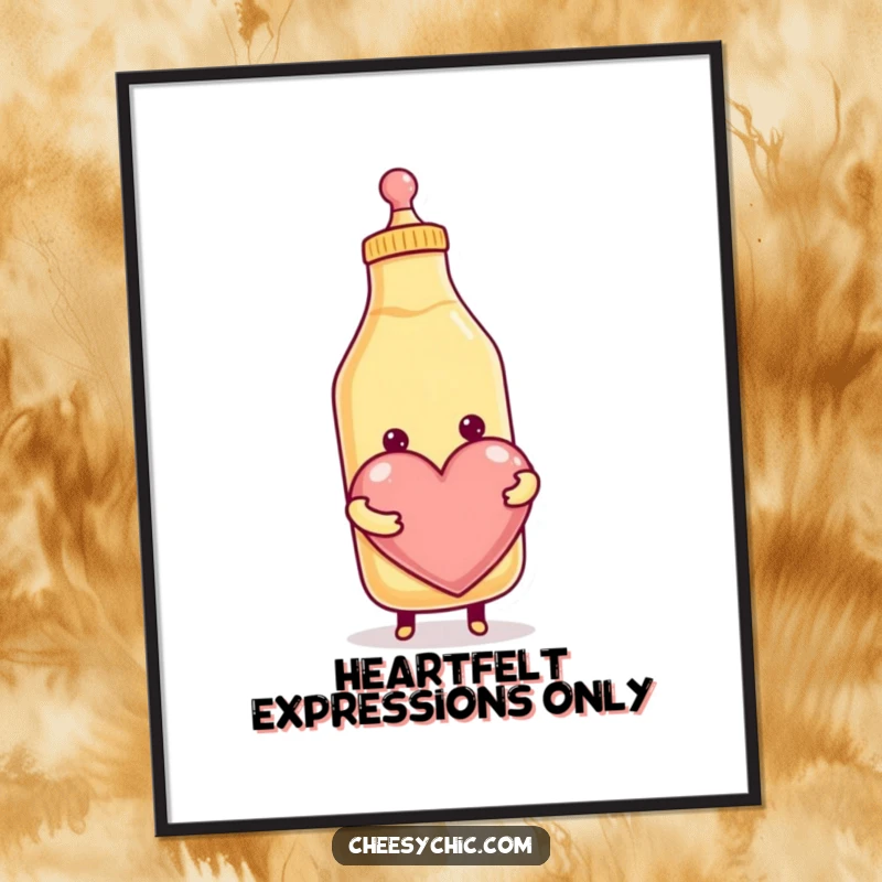 Funny poster depicting a cheerful anthropomorphic condiment bottle squeezing a large, loving heart, adding whimsical decor to any room.