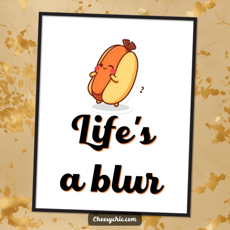 Funny Poster featuring a dizzy hot dog character spinning on its bun, a humorous and energetic piece of food art.