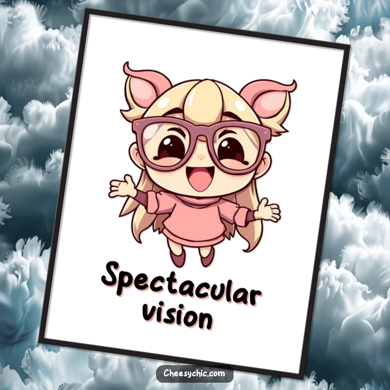 Funny poster of a character with oversized, flamboyant glasses, captured mid-leap with pure delight and an exuberant, playful attitude.