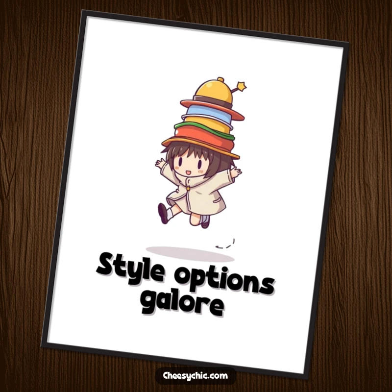 Funny poster art of a character gleefully skipping, balancing a comical pile of diverse hats, conveying pure joy and whimsy.