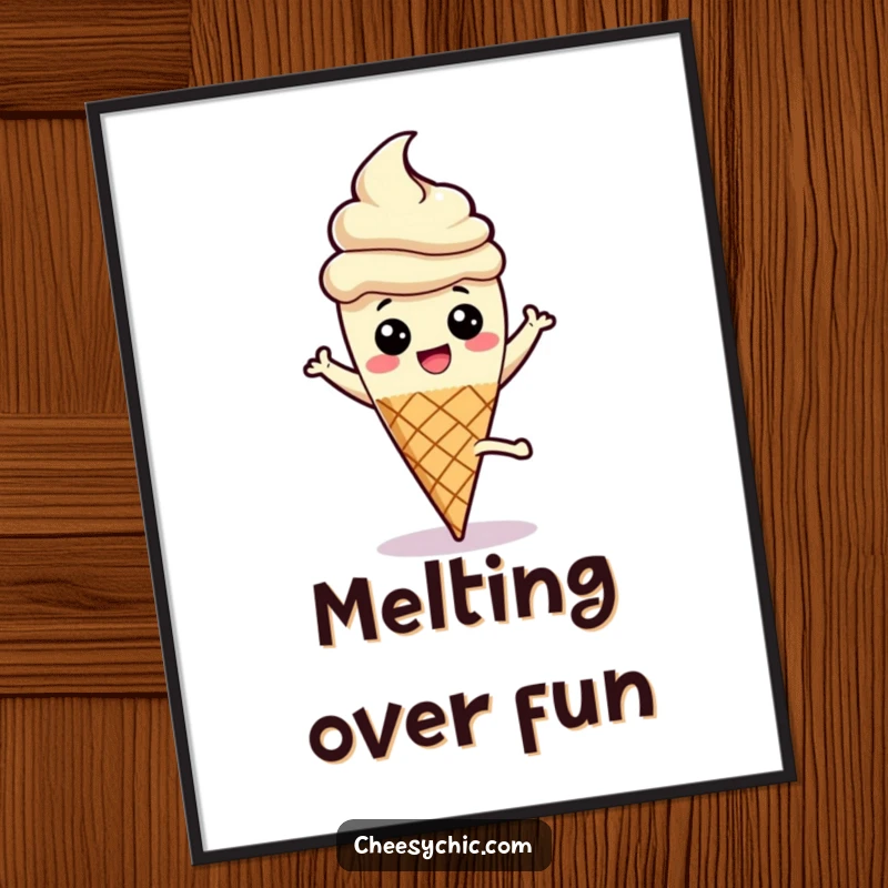 Funny poster of a happy ice cream cone character mid-cartwheel, stick held high, radiating pure, playful, frozen delight.