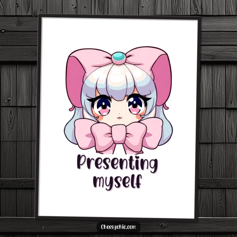 Funny Poster: Character peeking from behind a giant bow, with wide, sparkling eyes, charming and humorous art.