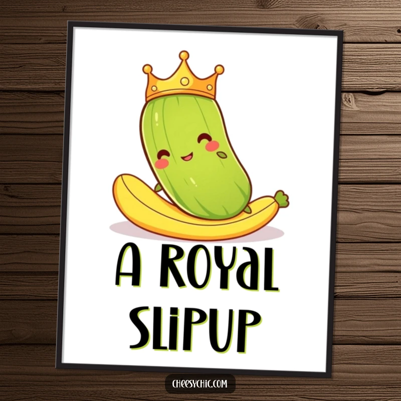 Funny poster featuring a cartoon pickle in a crown hilariously slipping on a banana peel, a piece of whimsical, comical wall decor.