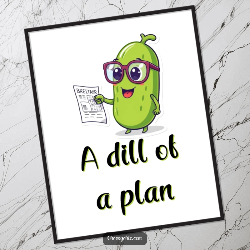 Funny poster illustrating a pickle wearing oversized glasses, pointing at a detailed blueprint.