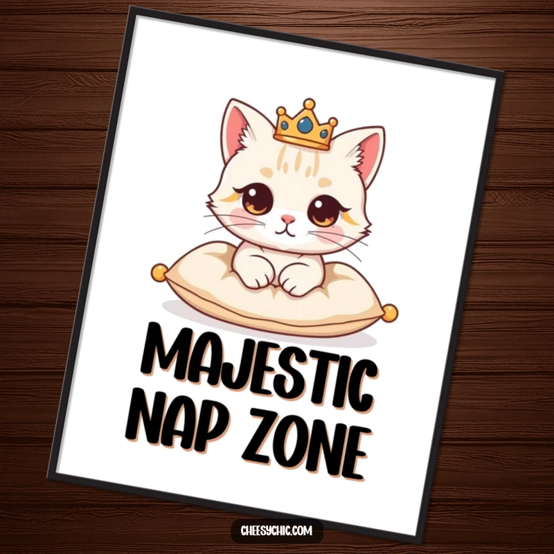 Funny poster capturing a cute cat character wearing a miniature crown, looking regal and dignified on a luxurious cushion.