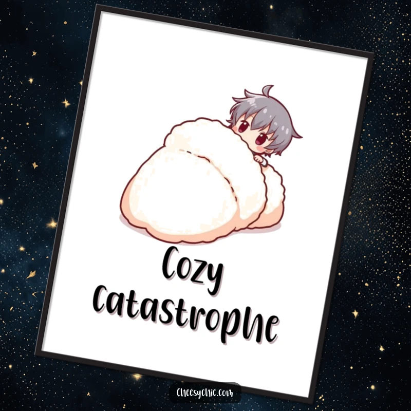 Funny stylized character playfully tripping over an enormous fluffy slipper, a humorous art print.