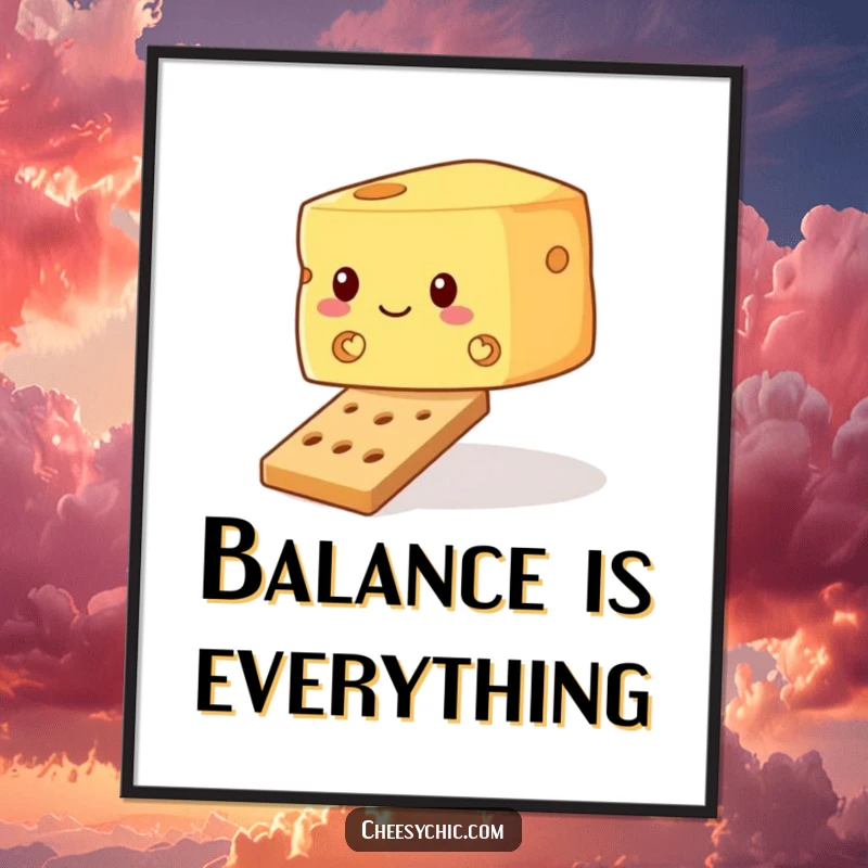Funny poster print of a wobbly block of cheese attempting to balance on a tiny cracker, creating a humorous still life.