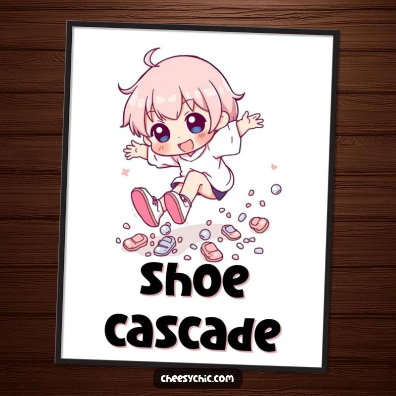 Funny character playfully tripping, with a cascade of tiny, shiny shoes scattering, presented as a whimsical art print.