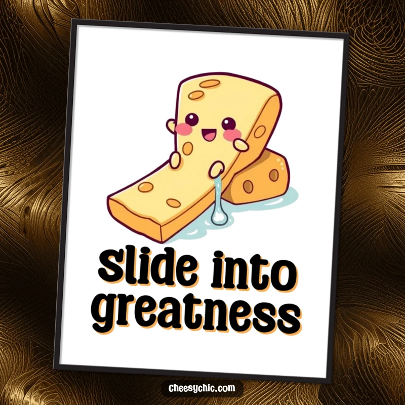 Funny Poster featuring a cheese slice character enthusiastically sliding down a cracker, serving as a humorous piece of food wall art.